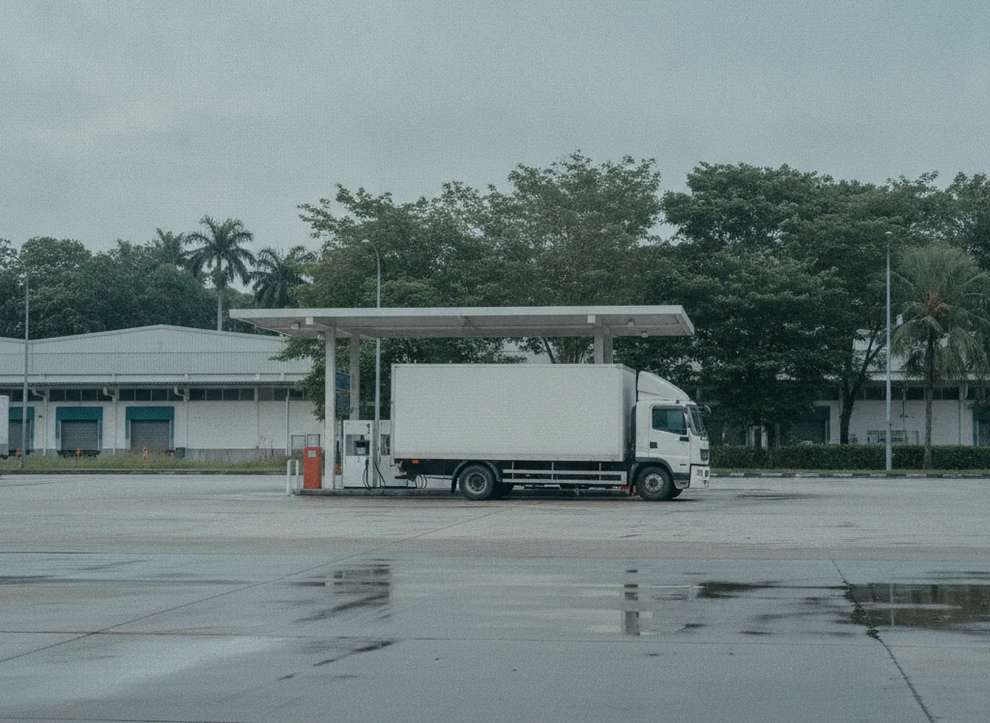 A commercial lorry refuelling at a fleet diesel pump island