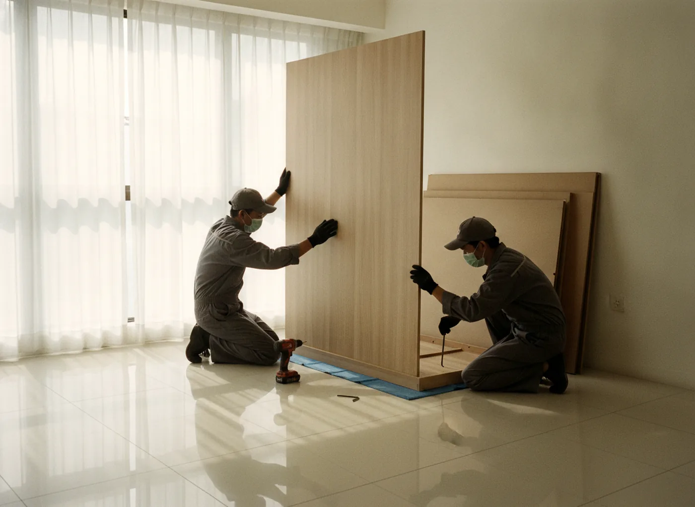 Two installers assembling a flat-pack wardrobe in a bright empty apartment