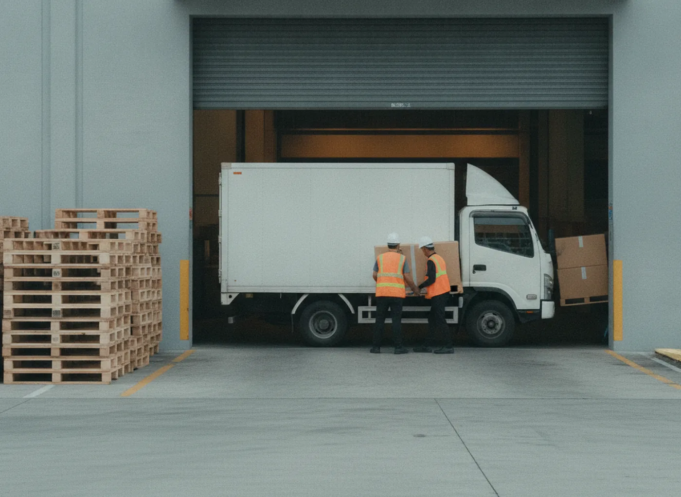 Two warehouse crew in hi-vis loading cartons onto a lorry at a loading bay
