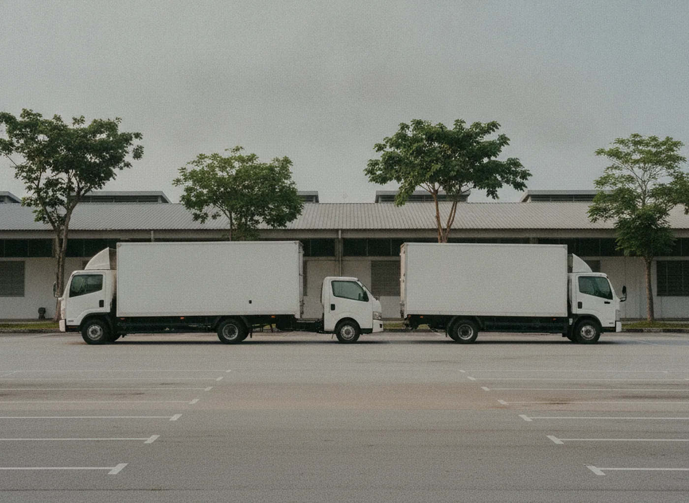 Unbranded white lorries parked in line at a Singapore industrial yard