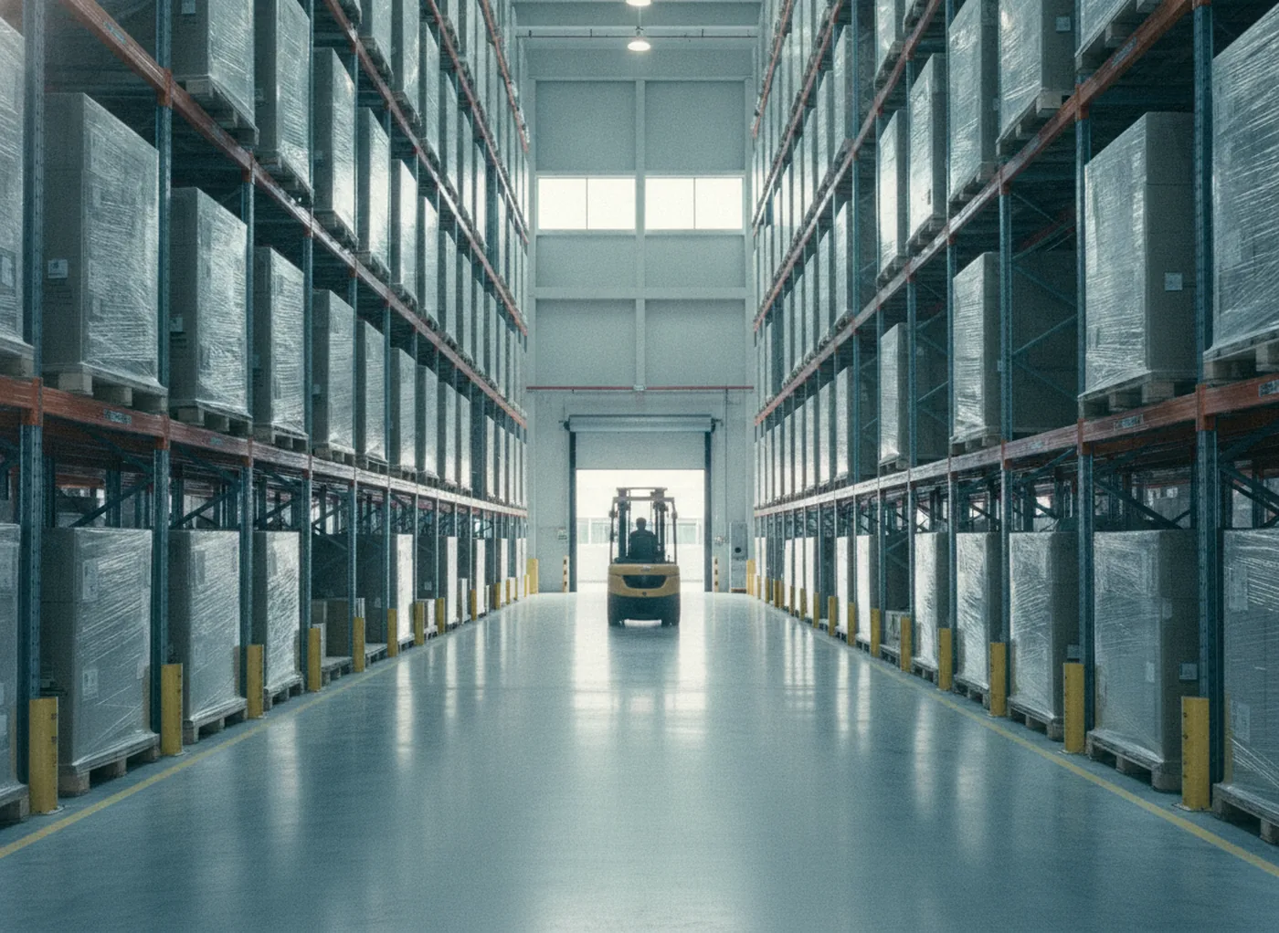 Warehouse aisle with tall pallet racking and shrink-wrapped pallets